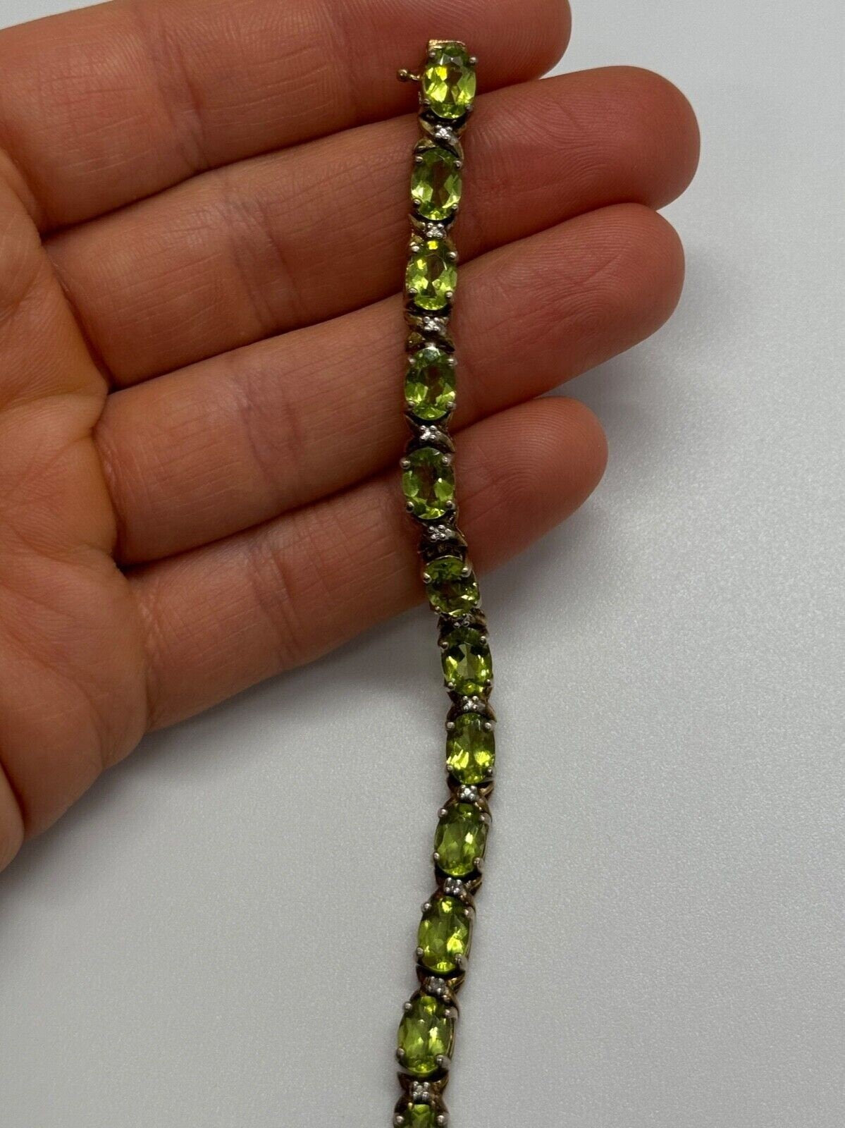 925 Sterling Silver Gold Plated Peridot & Diamonds Bracelet 7.5 in