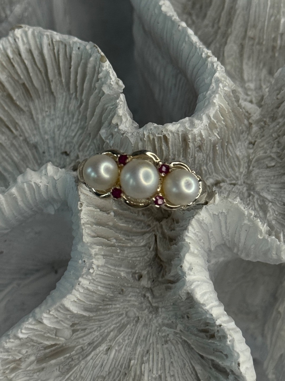 925 Sterling Silver Pearl & Ruby Ring Size 8