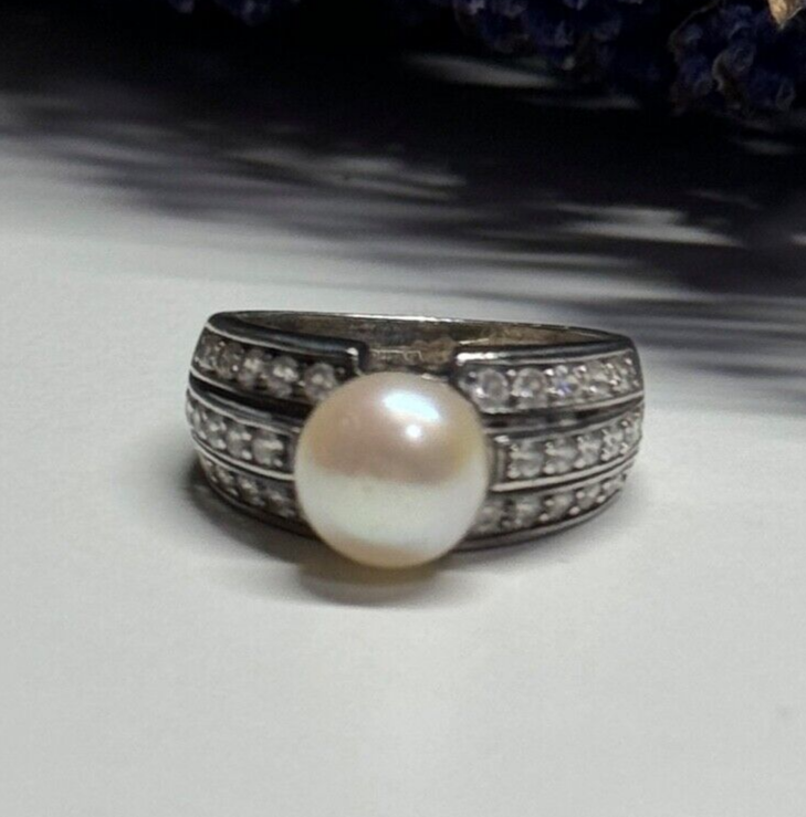 925 Sterling Silver Pearl & CZ Ring Size 5