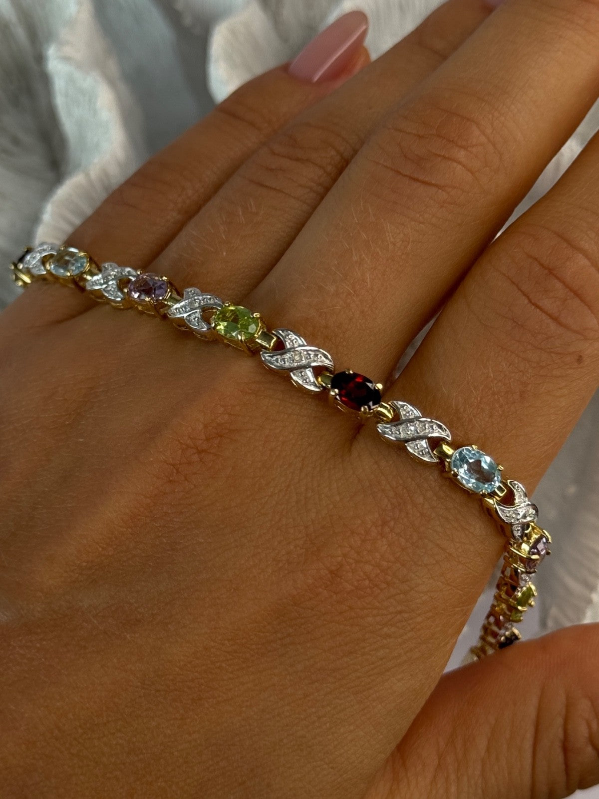 925 Sterling Silver Gold Plated Multi Color Gemstones Bracelet Length 7.5