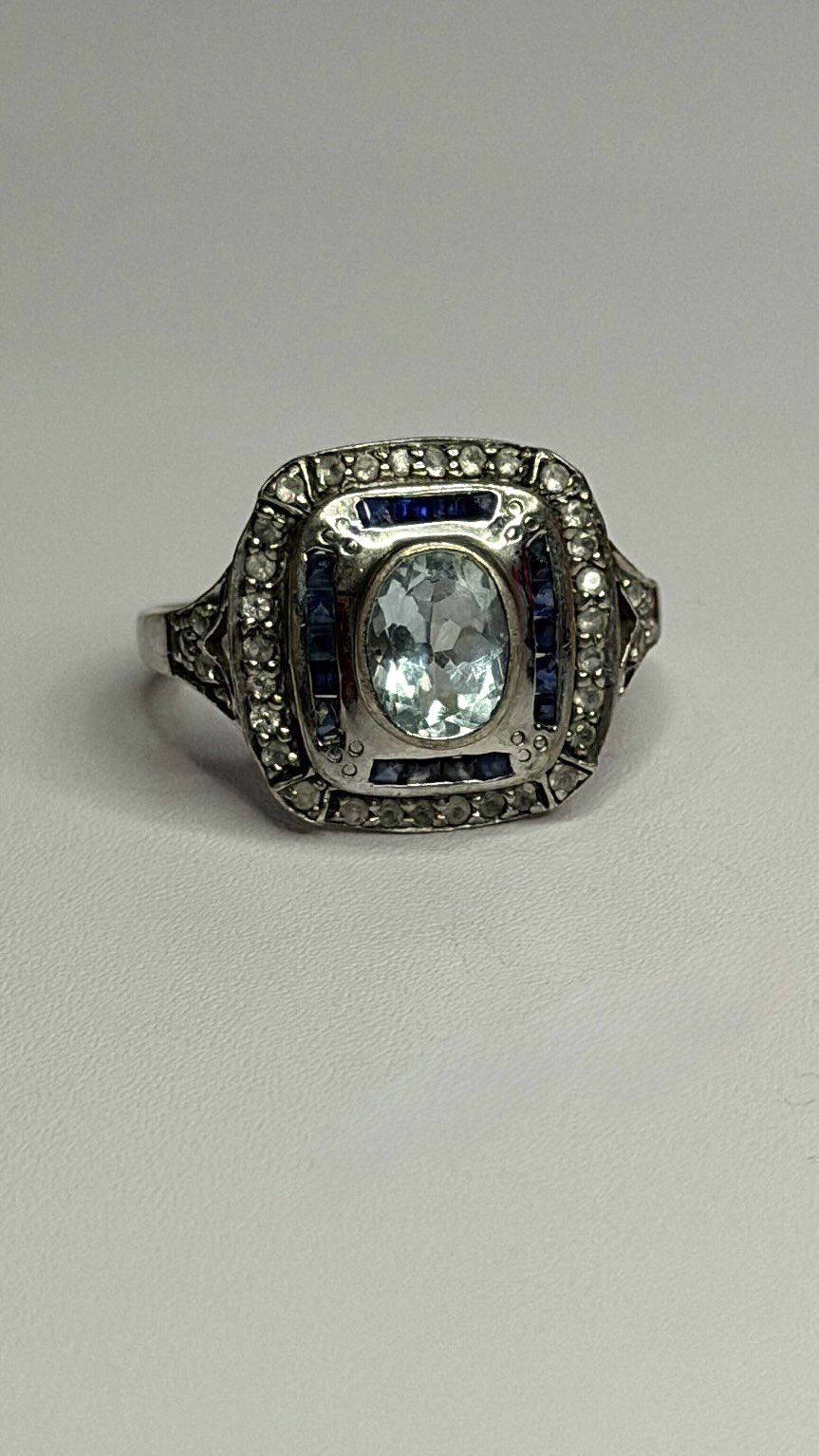 925 Sterling Silver Aquamarine, Sapphire & White Beryl Ring Size 9