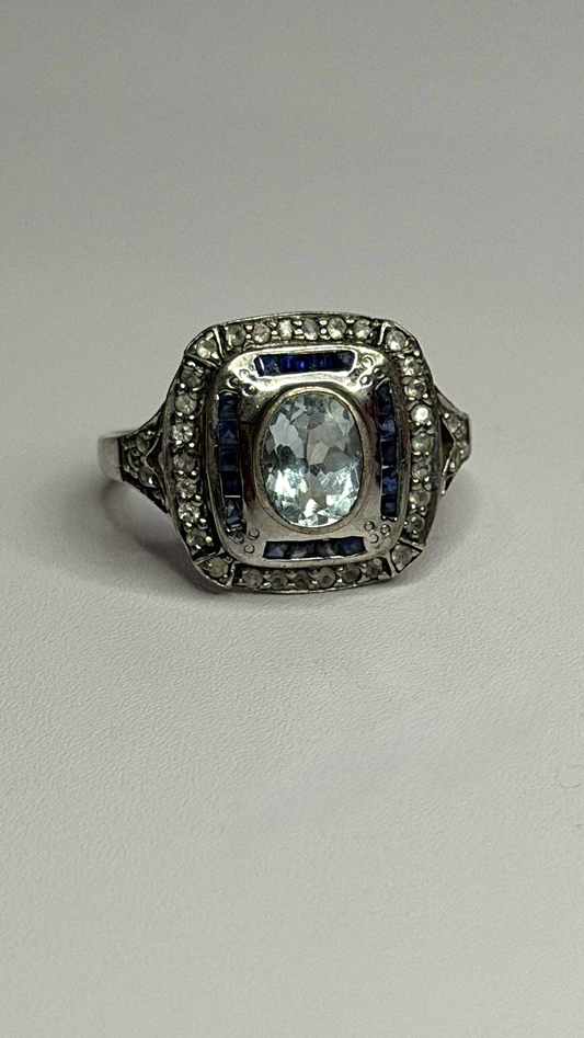 925 Sterling Silver Aquamarine, Sapphire & White Beryl Ring Size 9