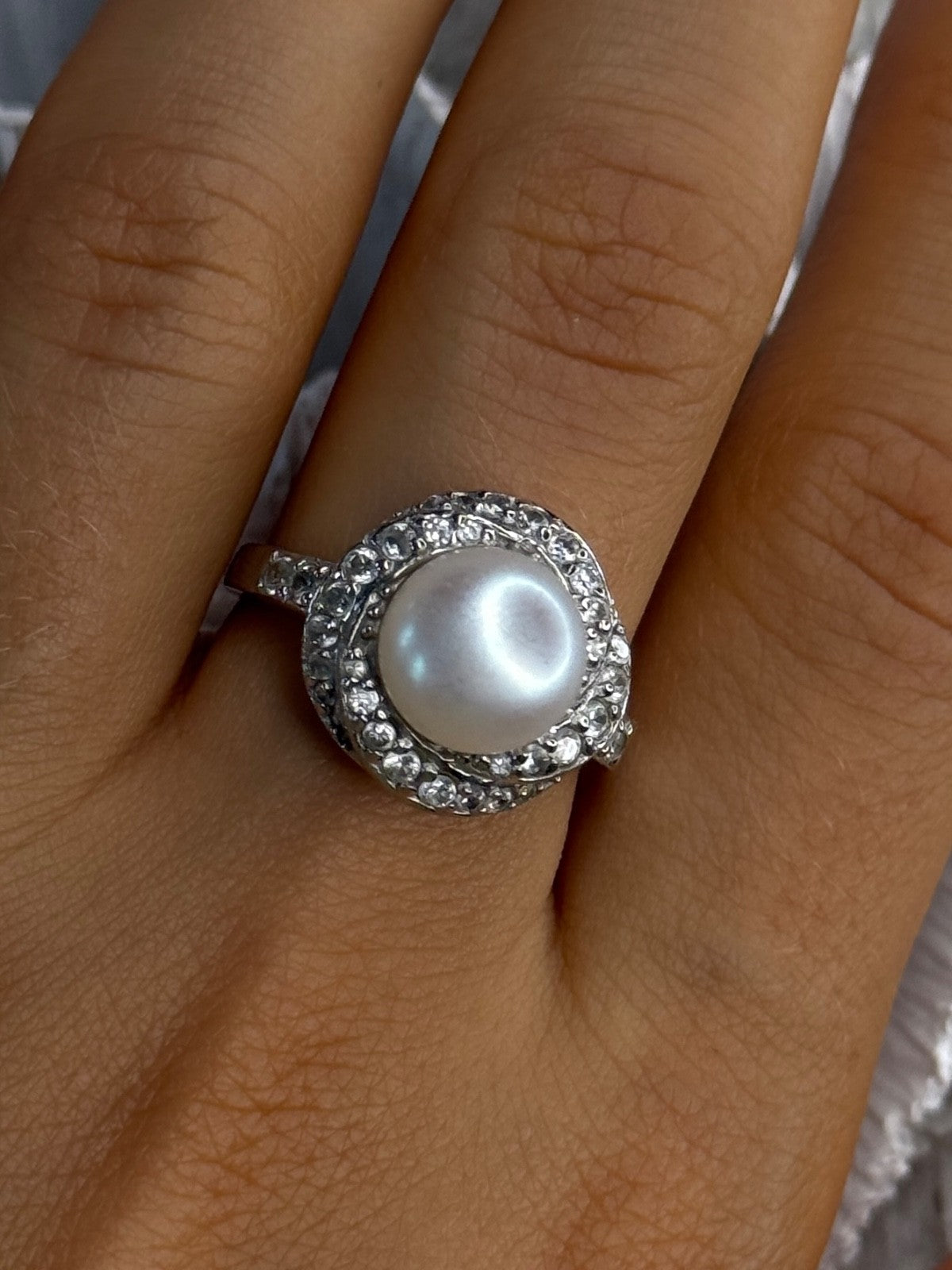 925 Sterling Silver Pearl & Beryl Ring Size 9