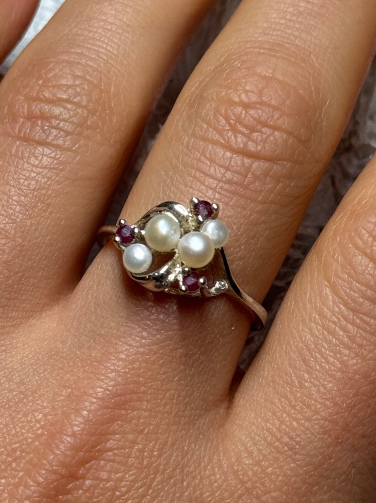 925 Sterling Silver Pearls & Ruby Ring Size 8