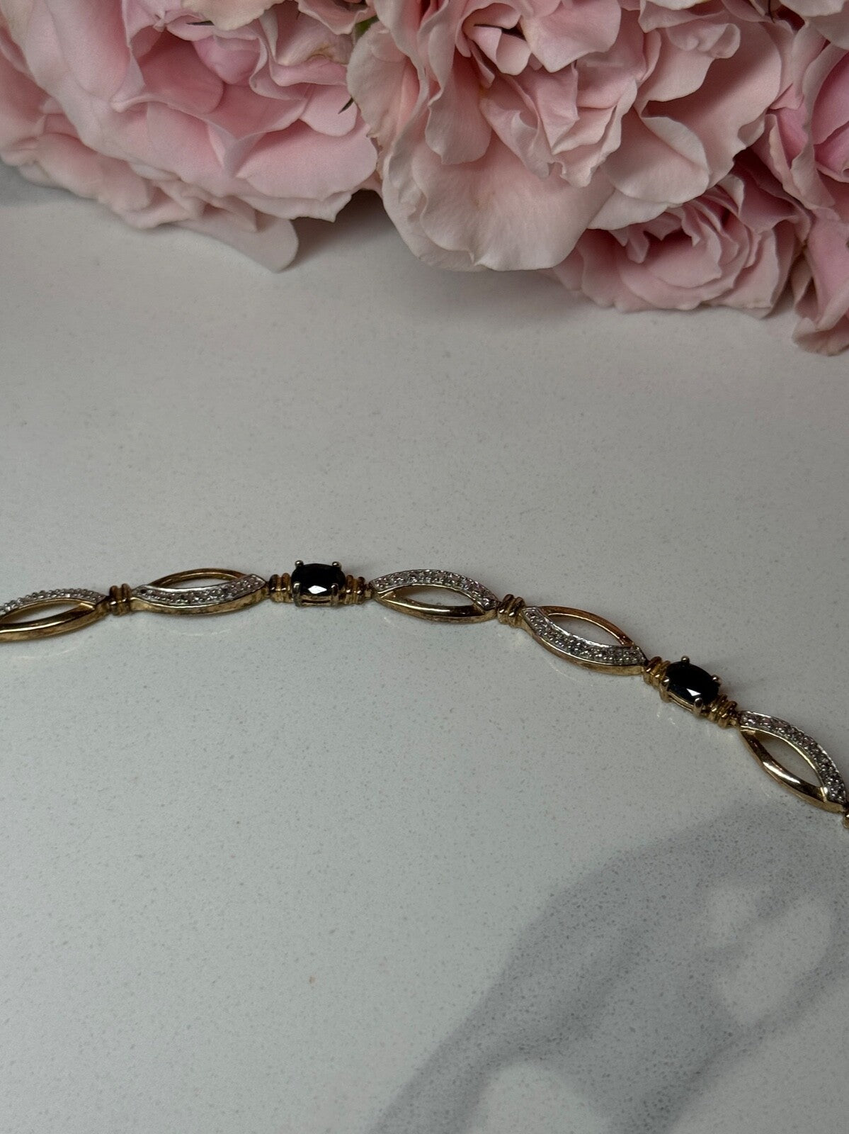 925 Sterling Silver Gold Plated Sapphire Bracelet Length 7.5 in
