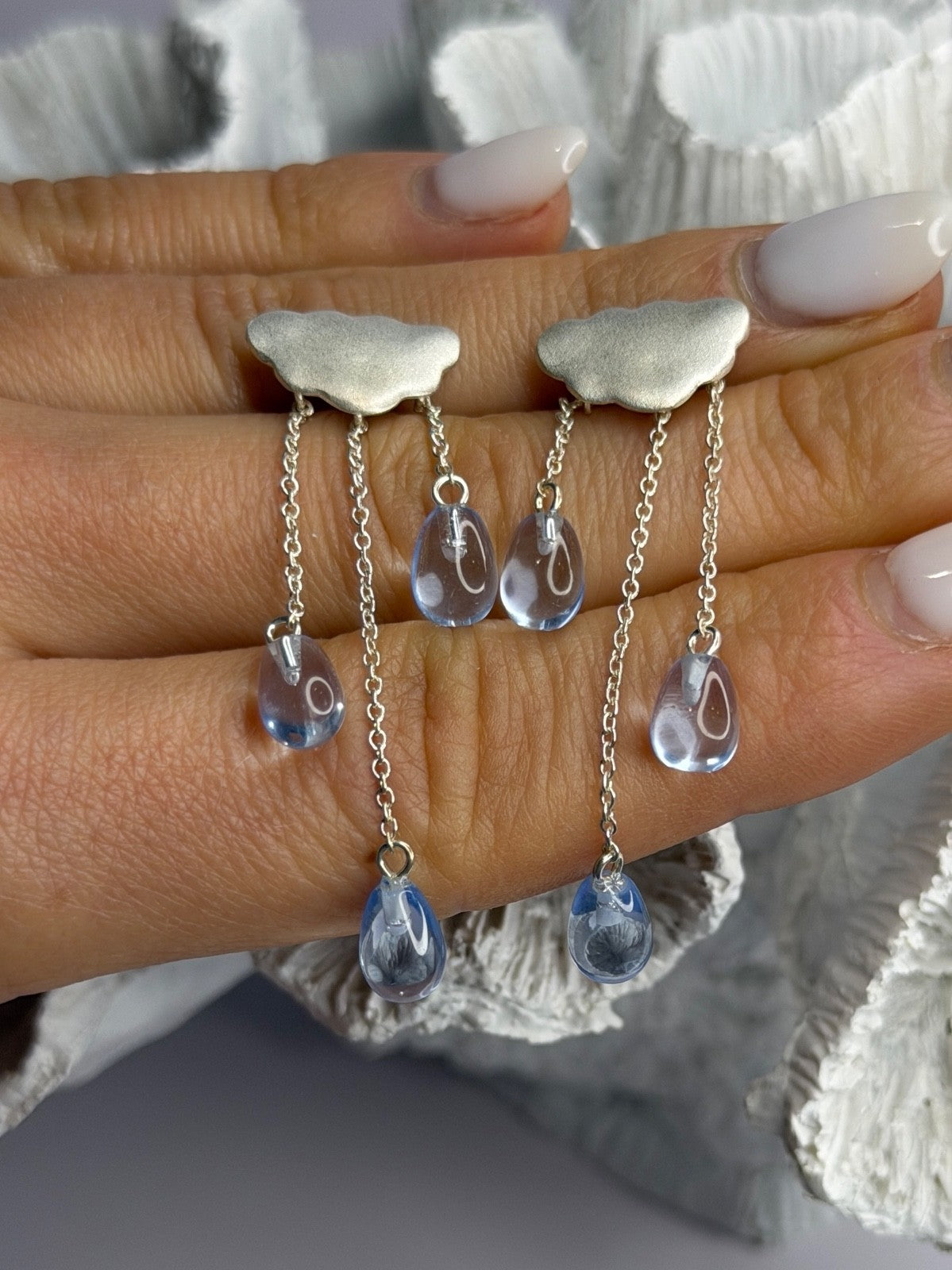 Cloud Tassel Raindrops 925 Sterling Silver Blue Crystal Earrings