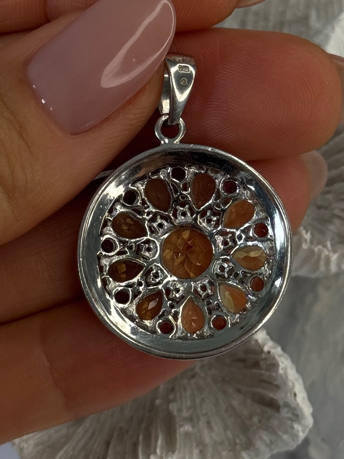 925 Sterling Silver Citrine Garnet Diamond Pendant Length 1.50 Inch