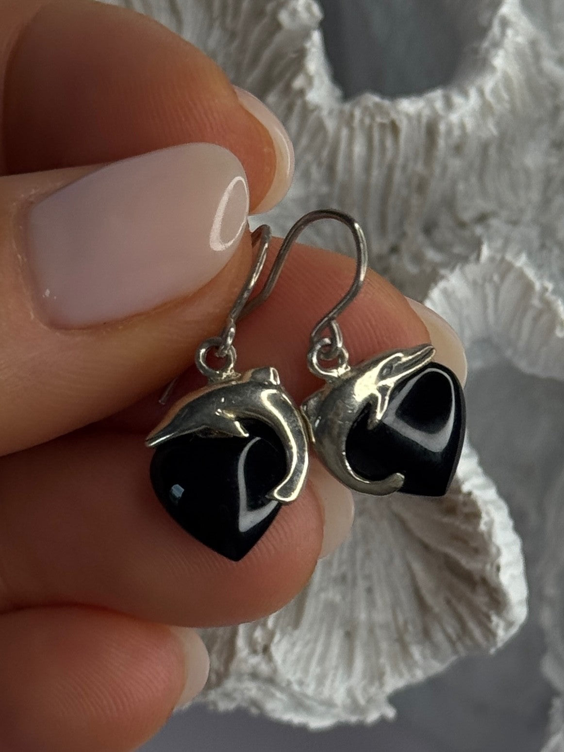 925 Sterling Silver Onyx Heart Dolphin Earrings Length 0.90 Inch