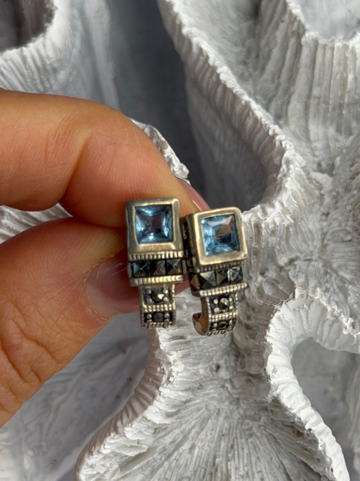 Vintage 925 Sterling Silver Blue Topaz & Marcasite Earrings