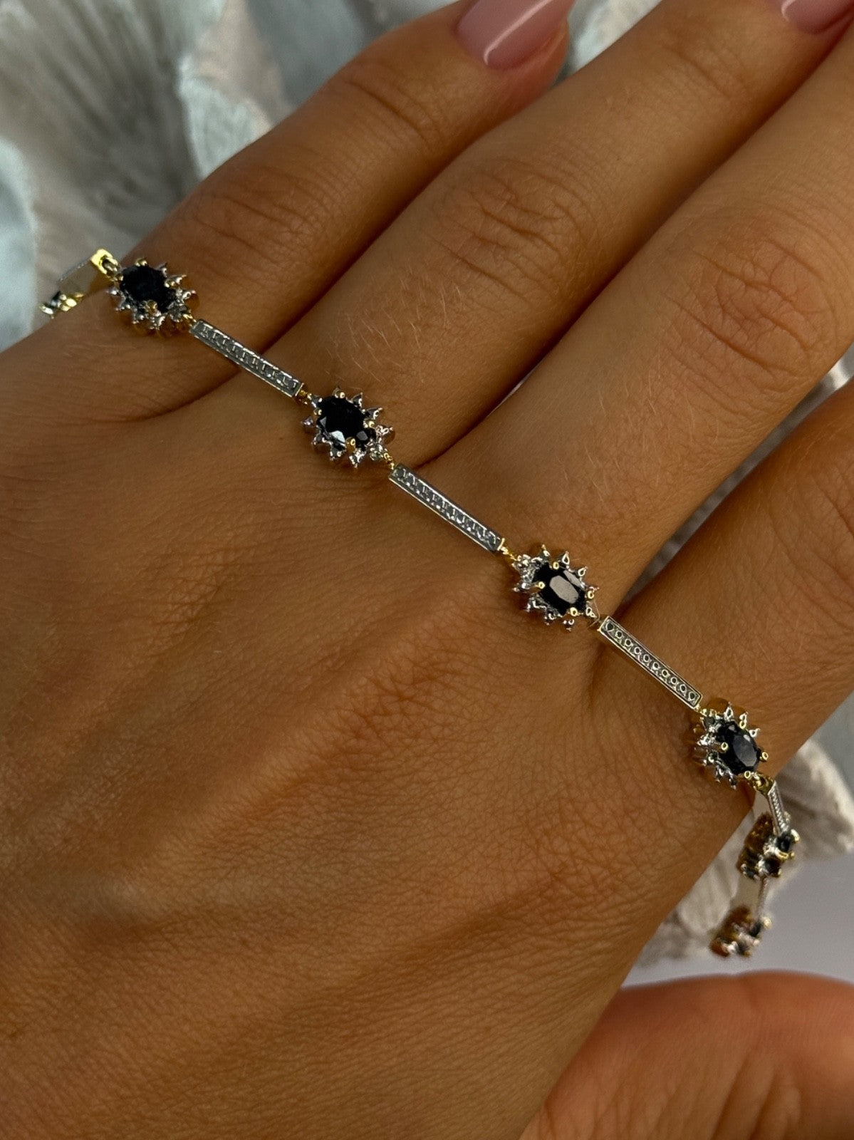 925 Sterling Silver Gold Plated Sapphire Bracelet Length 7