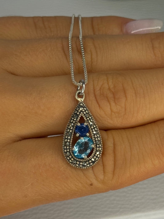 925 Sterling Silver Topaz, Sapphire & Marcasite Necklace Length 15.5 Inch