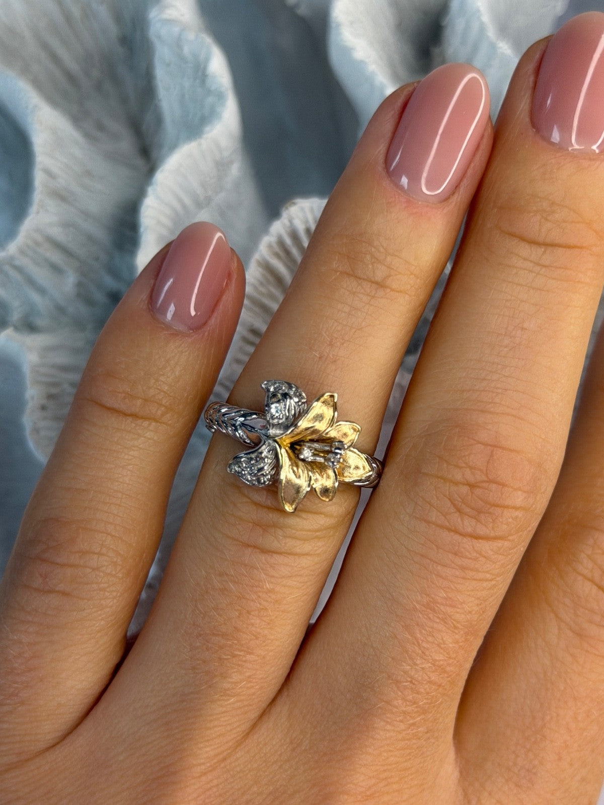 925 Sterling Silver Gold Plated Cz Flower Ring Size 6