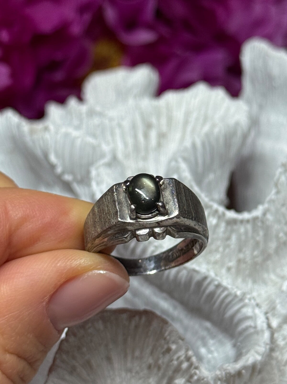 Men'S 925 Sterling Silver Cat'S EYE Tourmaline Ring Size 9