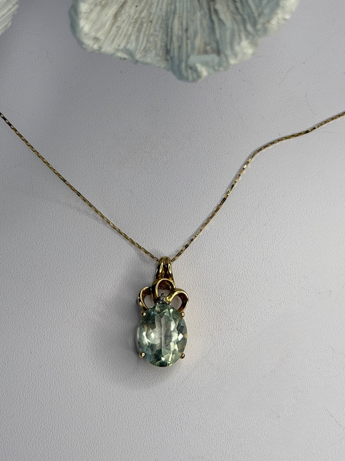 10K Yellow Gold Prasiolite & Diamond Necklace Length 18 Inch