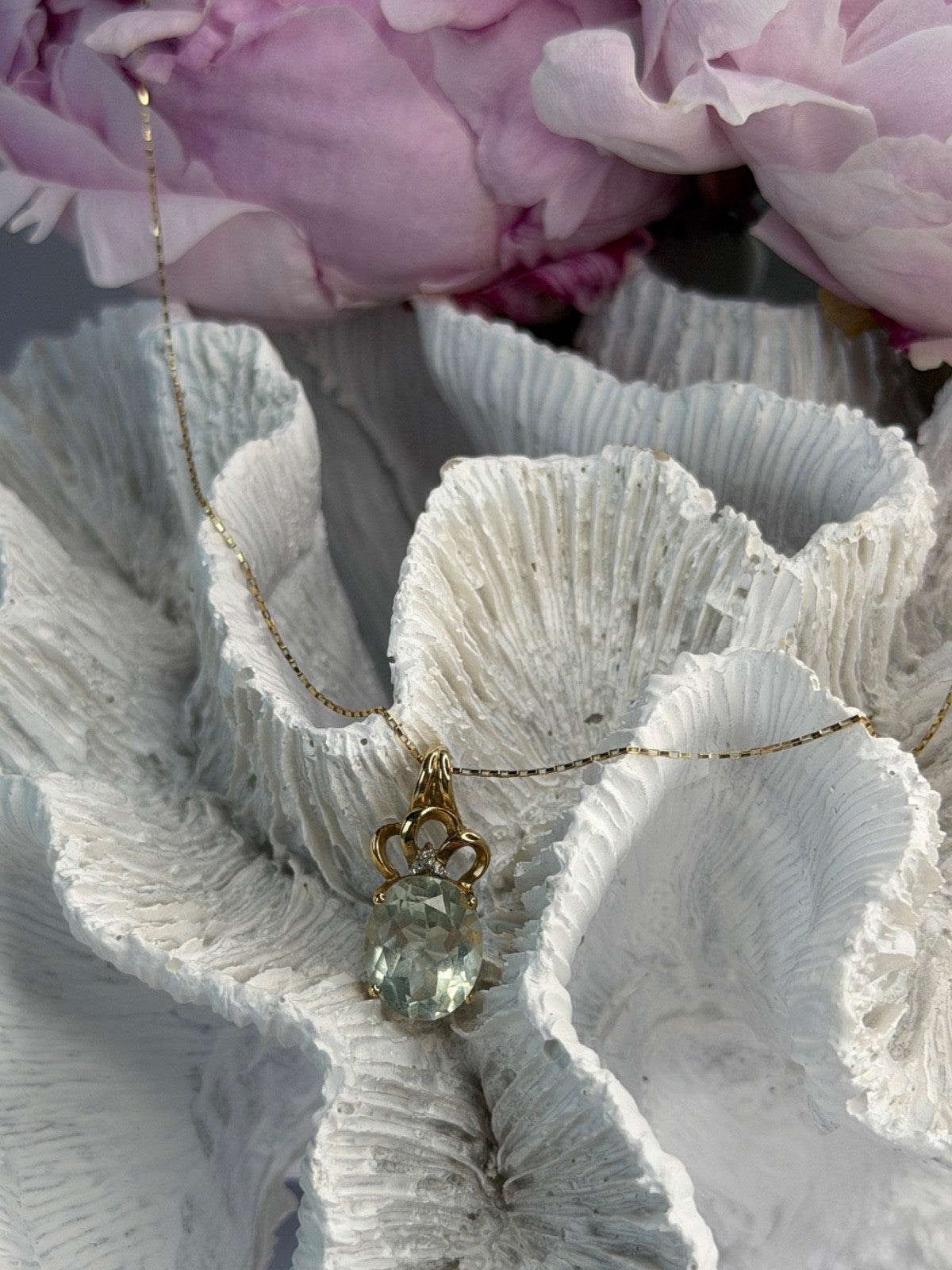10K Yellow Gold Prasiolite & Diamond Necklace Length 18 Inch