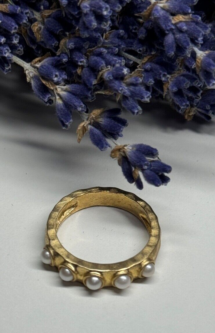 925 Sterling Silver Gold Plated Pearl Ring Size 6.5