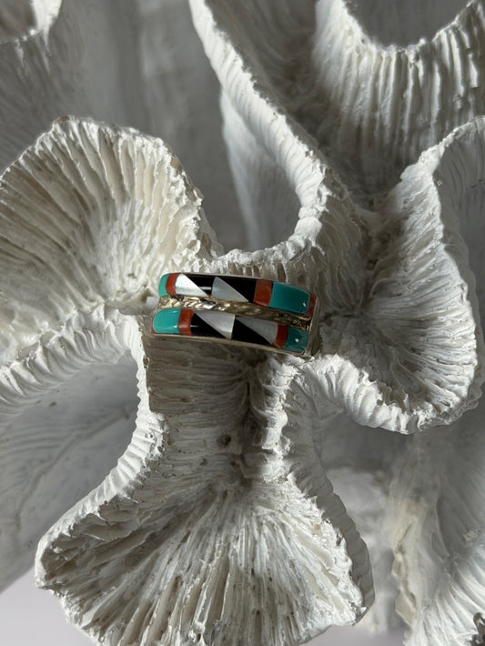 Zuni 925 Sterling Silver Multi-Stone Ring Size 8