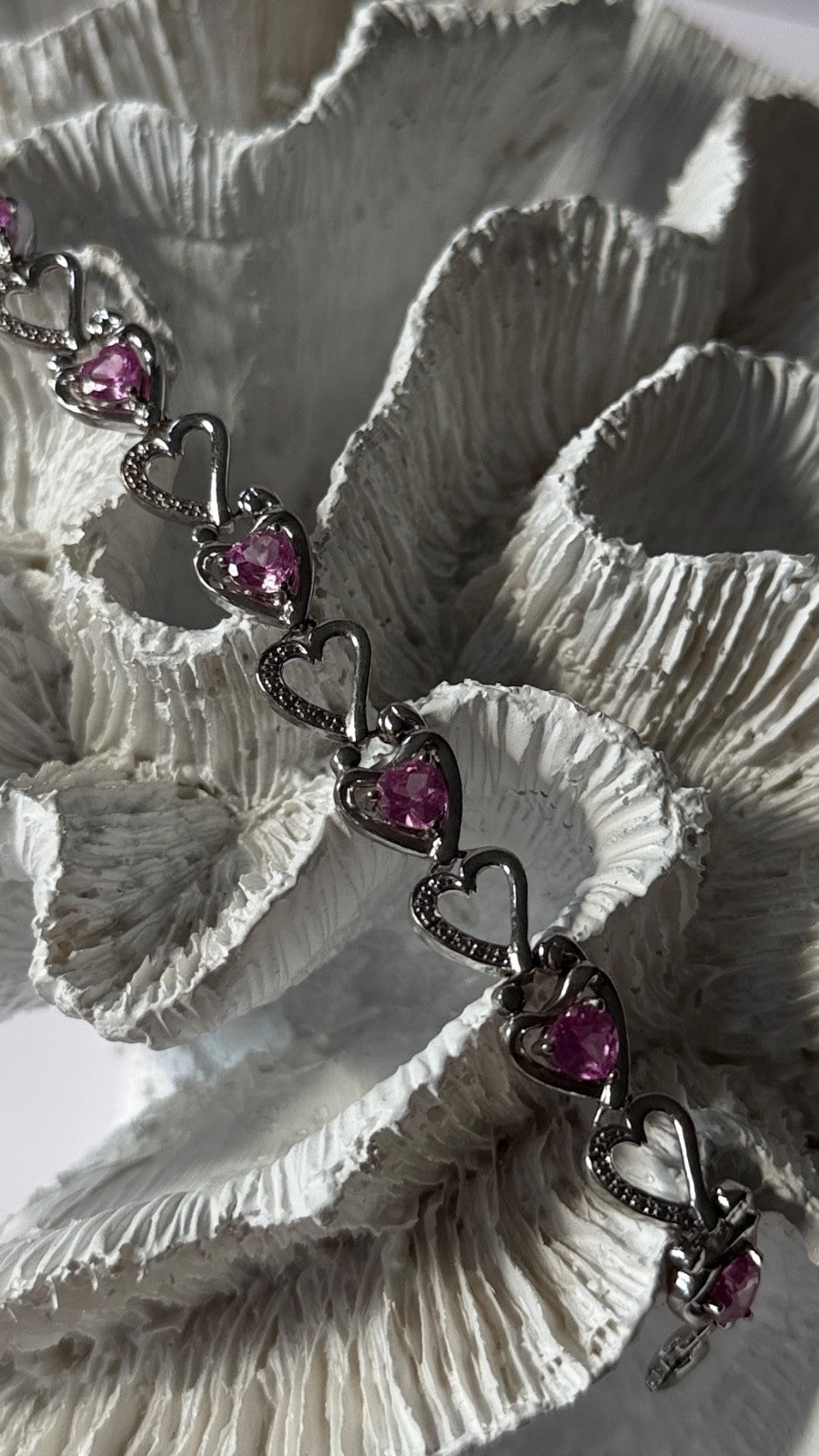 925 Sterling Silver Pink Sapphire Heart Bracelet Length 7.5