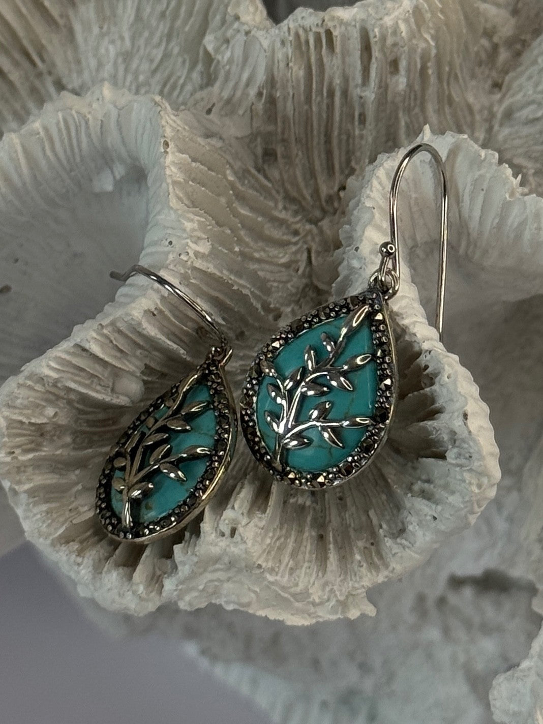 925 Sterling Silver Turquoise & Marcasite Earrings Length 1.20 Inch