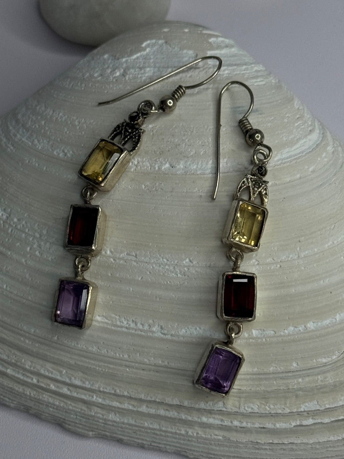 925 Sterling Silver Amethyst & Garnet & Citrine Earrings Length 2.30 Inch
