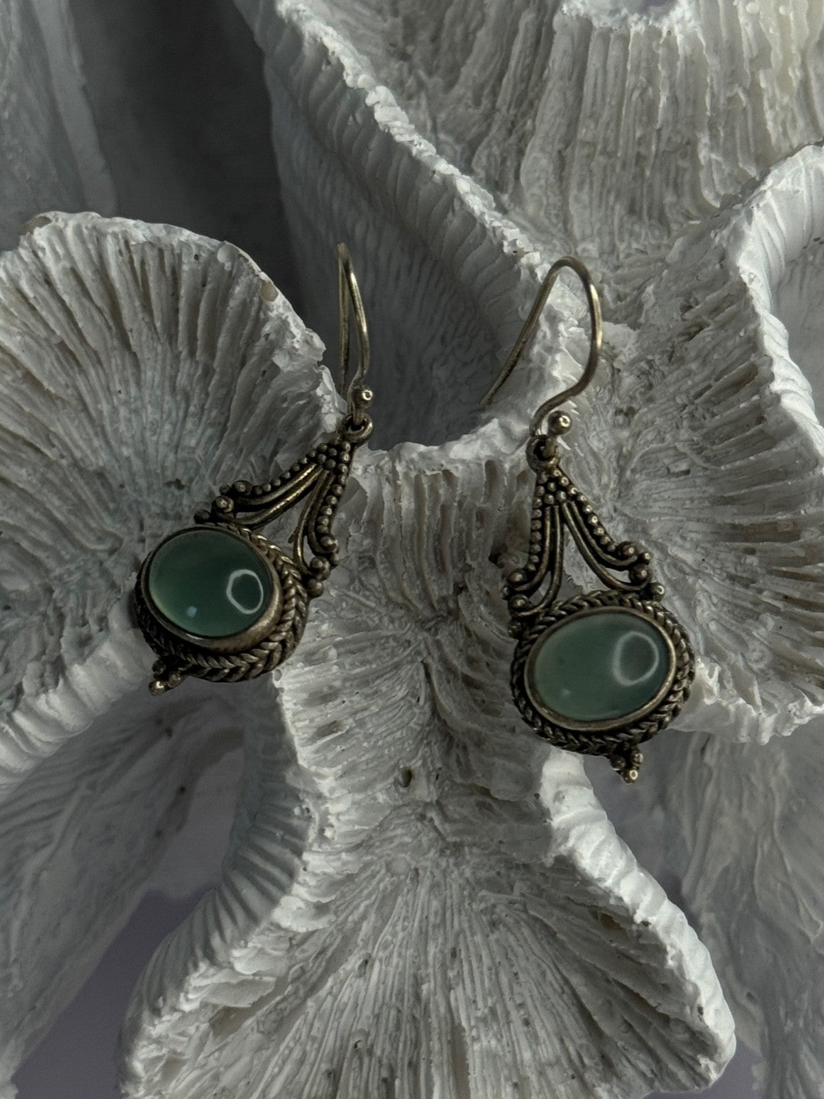 Vintage 925 Sterling Silver Jade Earrings Length 1.40 Inch