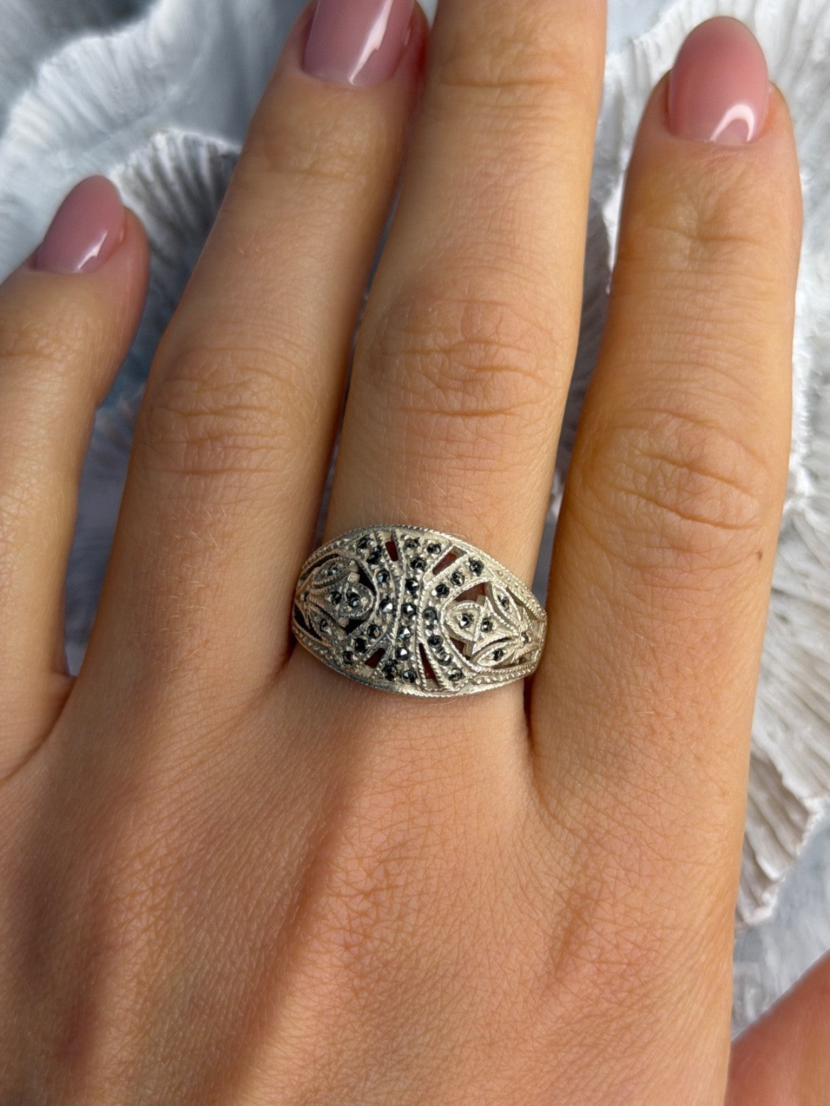 Vintage 925 Sterling Silver Marcasite Ring Size 10