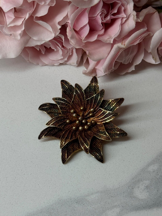 925 Sterling Silver Gold Plated Brooch Flower Length 1.6 In