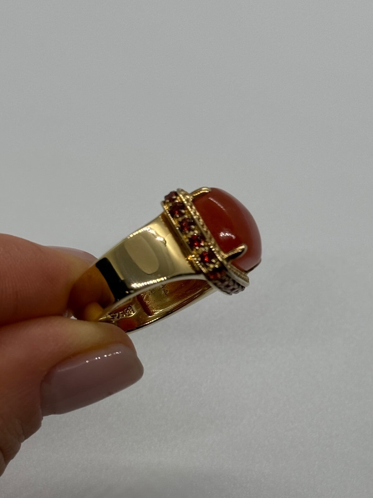 925 Sterling Silver Gold Plated Amber & RED Spinel Ring Size 7.5