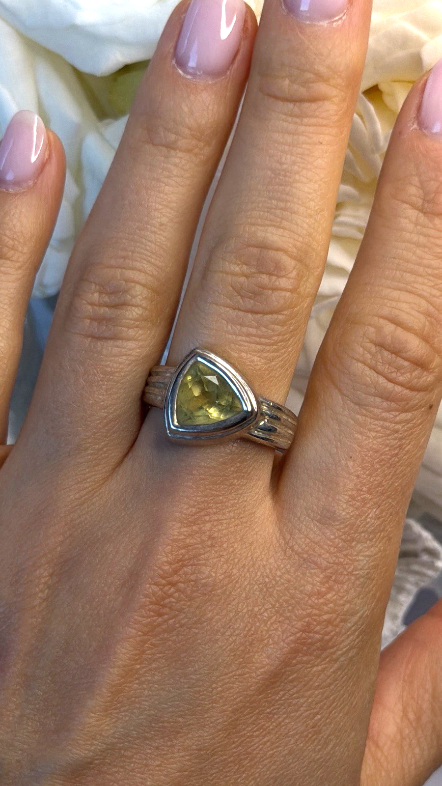 Art Deco 925 Sterling Silver Yellow Green Tourmaline Trillion Ring Size 9