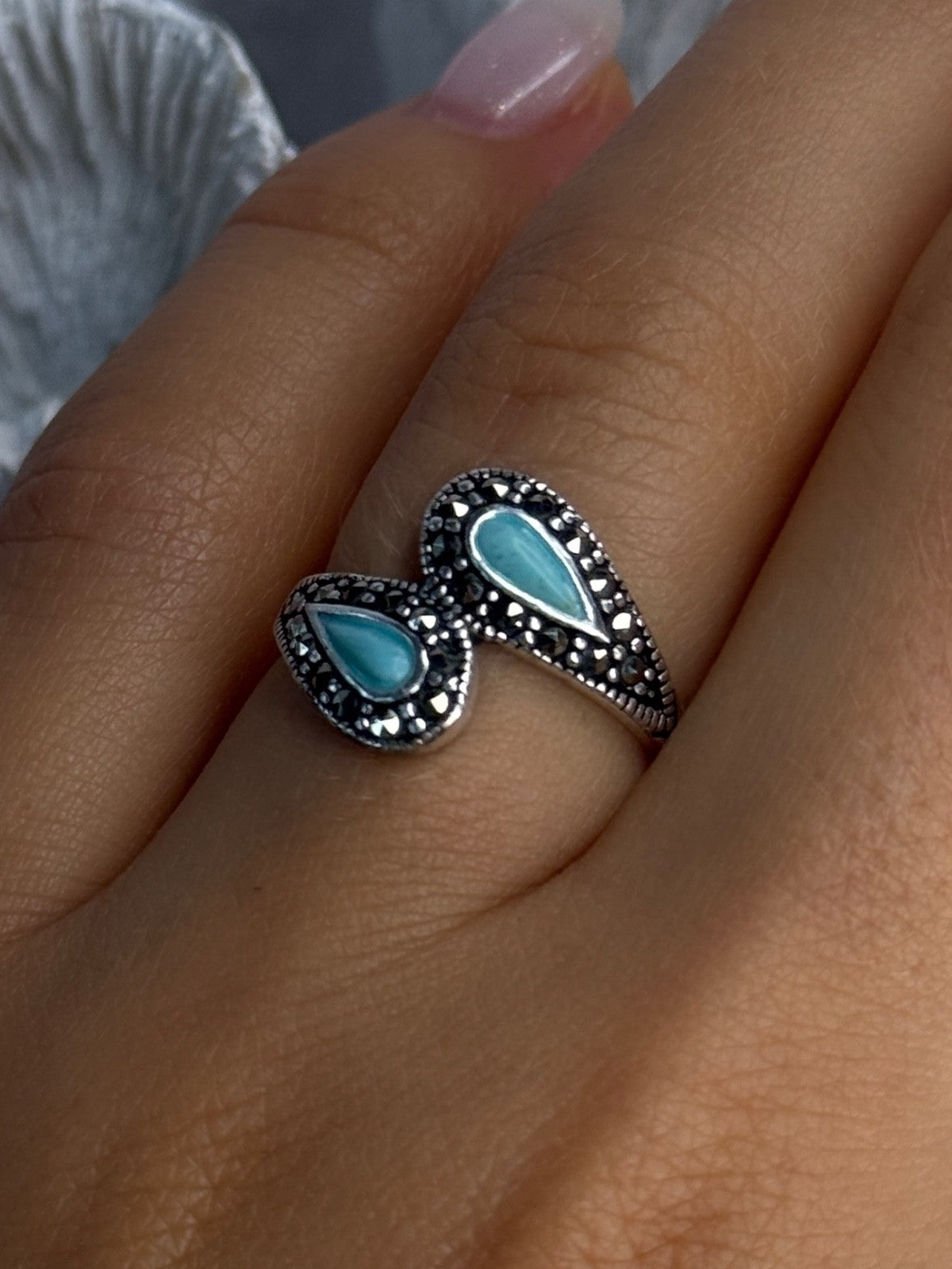 925 Sterling Silver Turquoise & Marcasite Ring Size 7