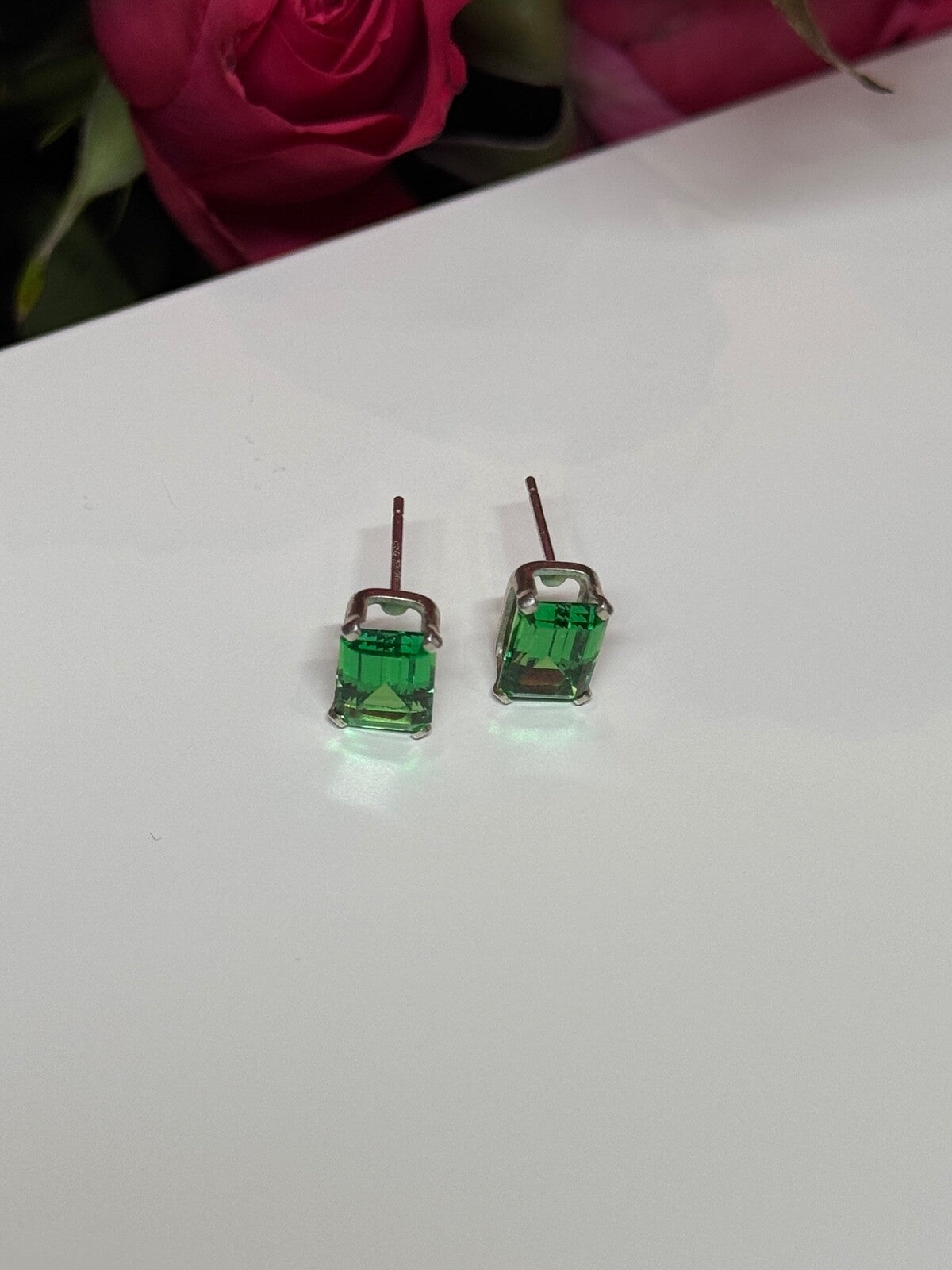 925 Sterling Silver Green Peridot Earrings Length 8 Mm