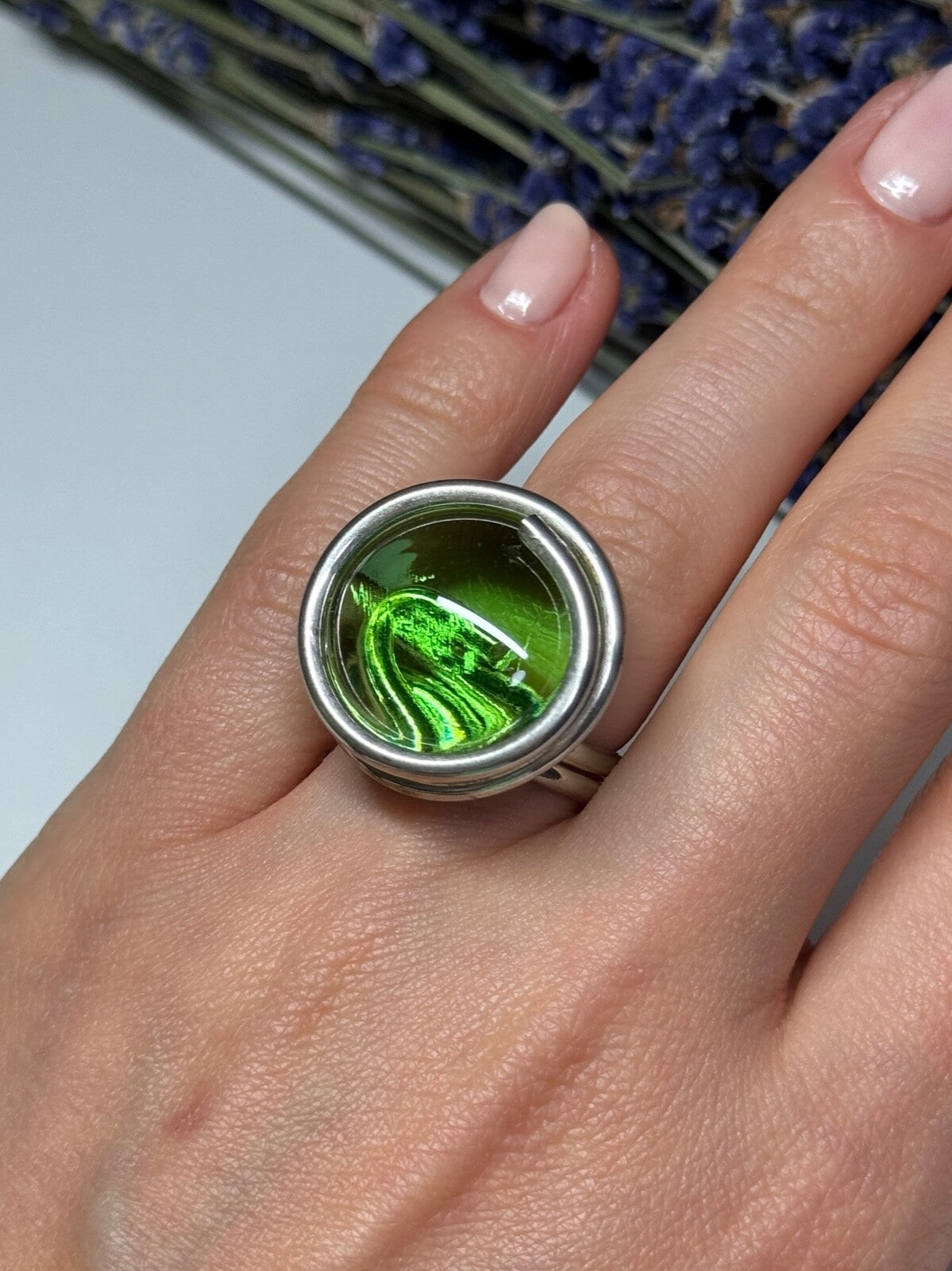 Modern Art Design Green CZ Ring Size 6