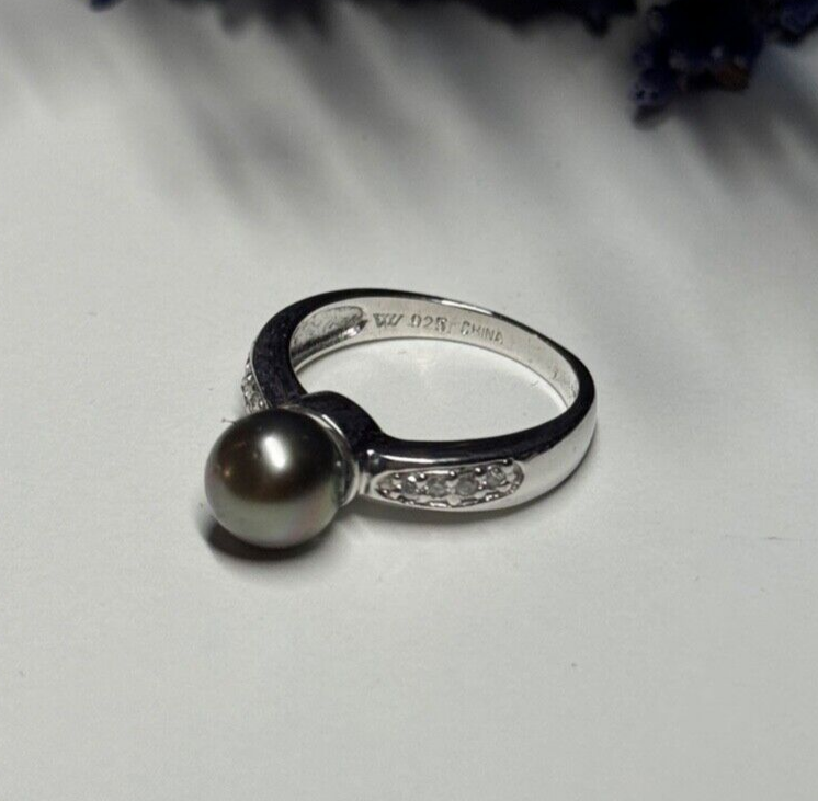925 Sterling Silver Pearl & Beryl Ring Size 5.5