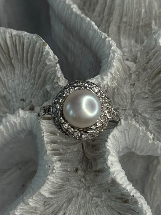 925 Sterling Silver Pearl & Beryl Ring Size 9