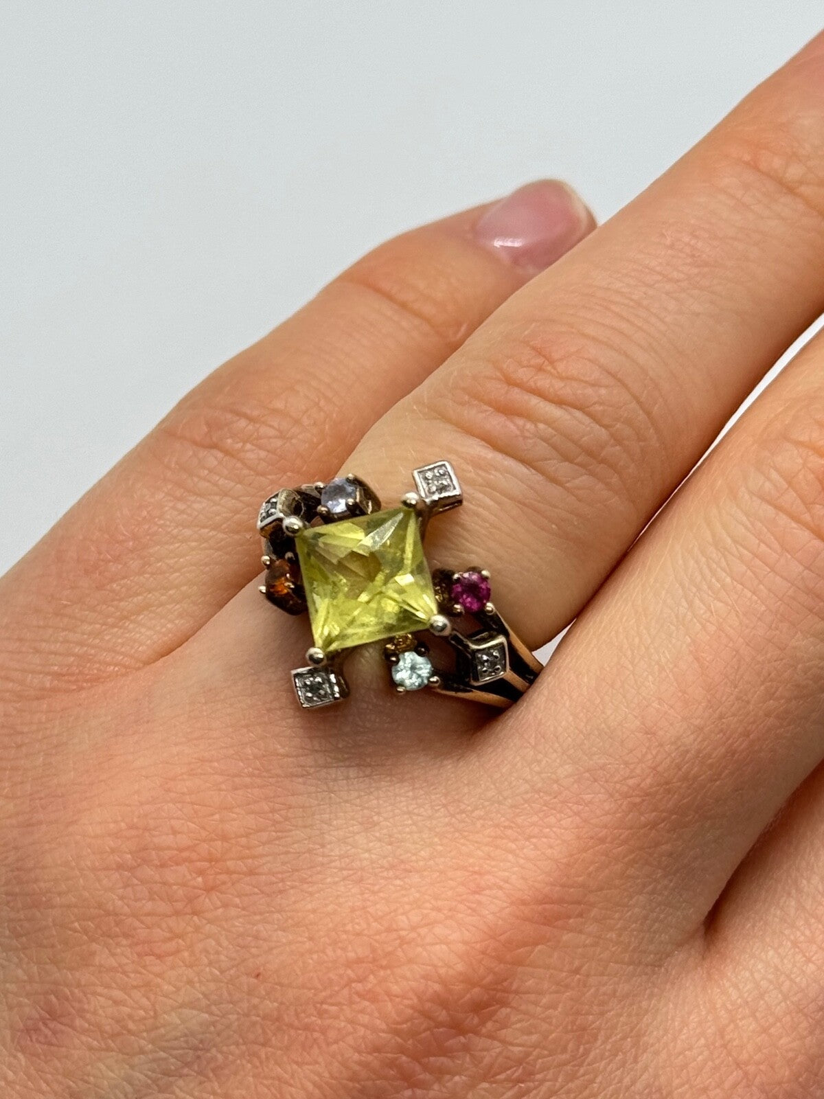 925 Sterling Silver SLV Tourmalines & Diamonds Ring Size 5.5