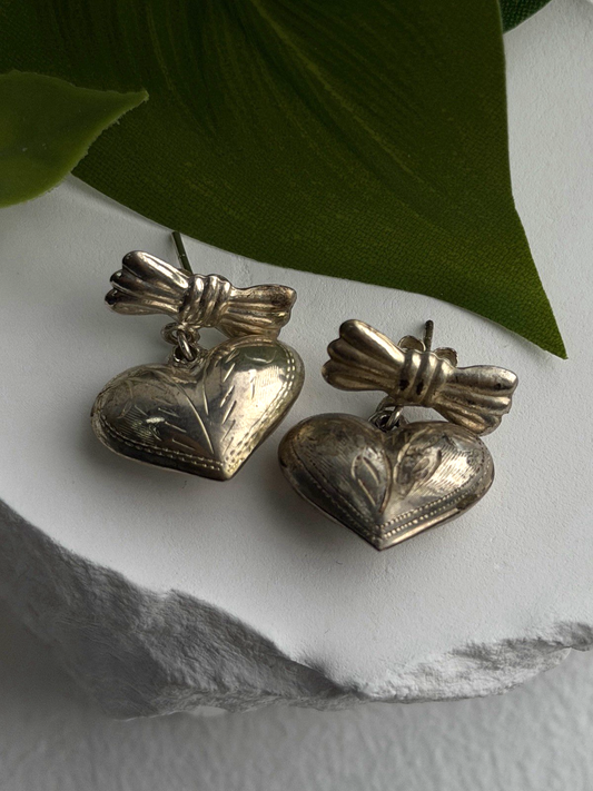 Vintage Heart with Bow Dangle 925 Sterling Silver Earrings
