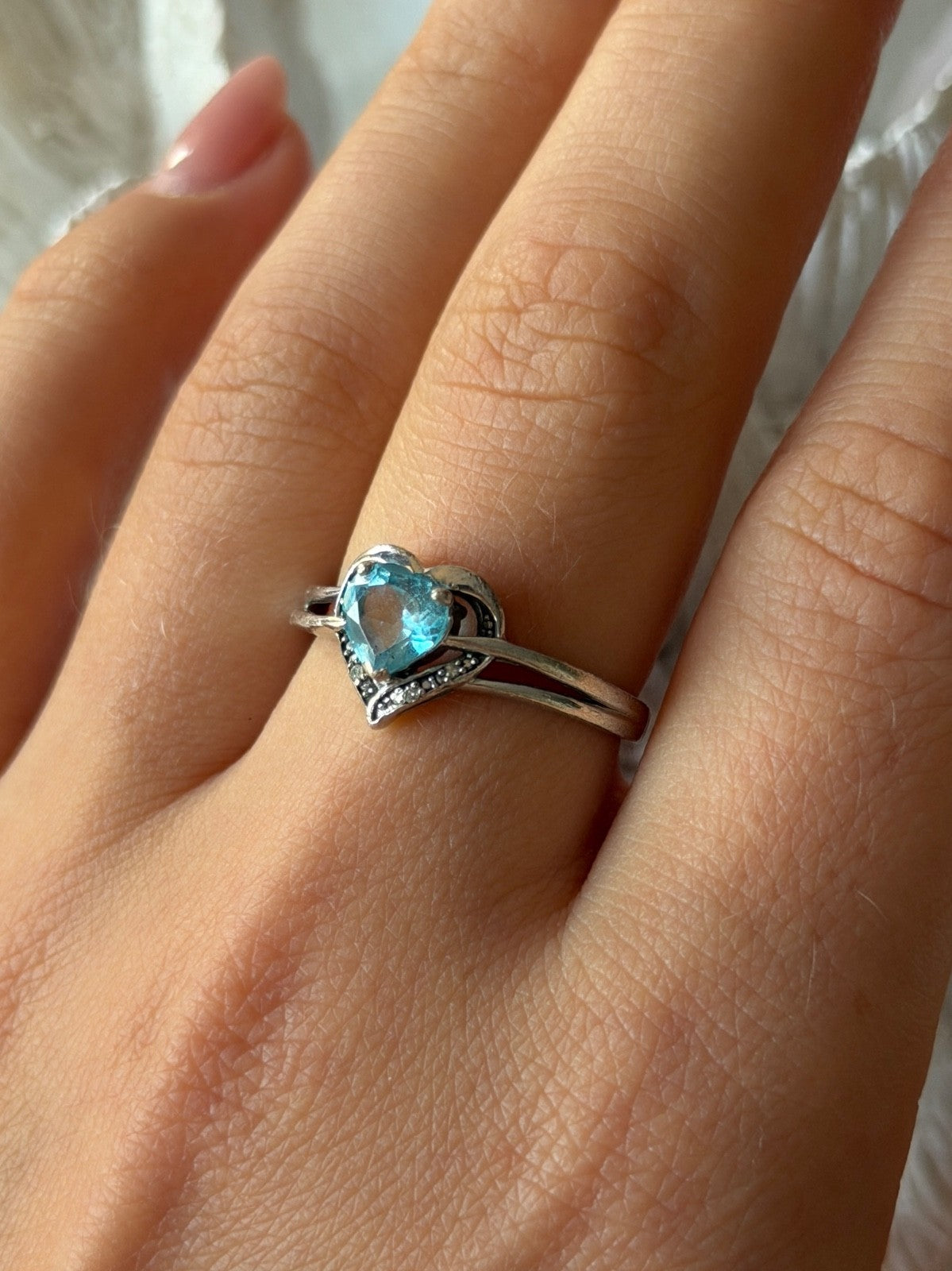 925 Sterling Silver Blue Topaz Heart & Diamond Ring Size 9