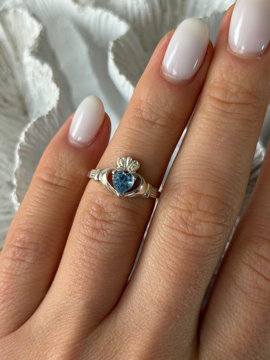 925 Sterling Silver Heart Blue Topaz Ring Size 5.5