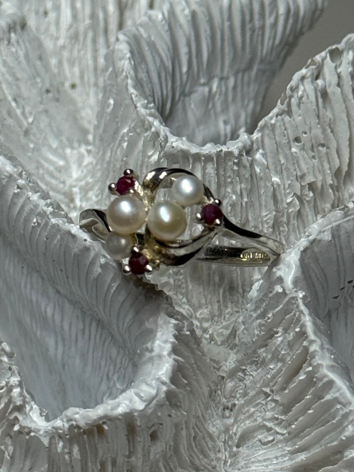 925 Sterling Silver Pearls & Ruby Ring Size 8
