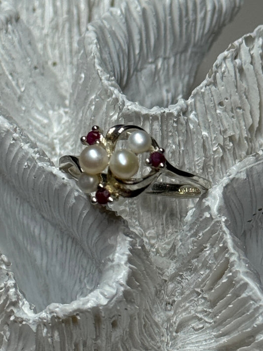 925 Sterling Silver Pearls & Ruby Ring Size 8