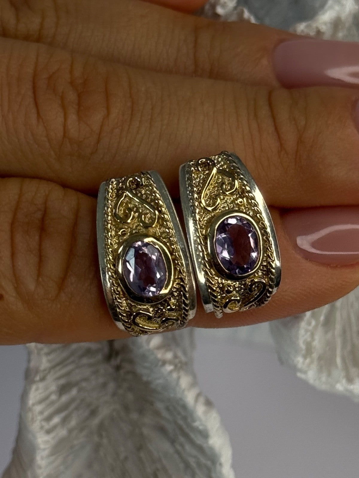 925 Sterling Silver Gold Plated Part Amethyst Earrings Length 0.70 Inch