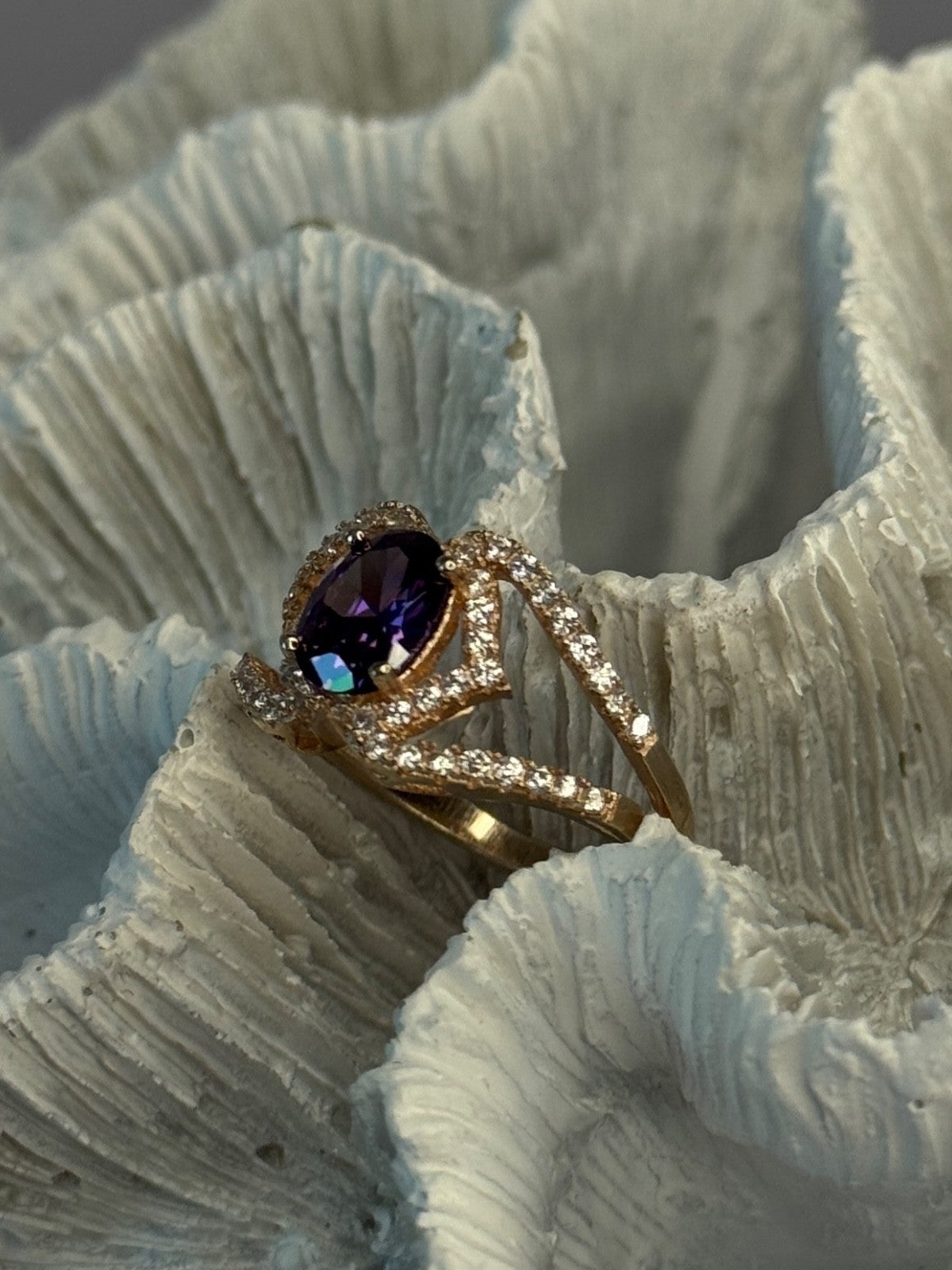 Rose Gold Plated 925 Sterling Silver Amethyst & Cz Ring Size 6