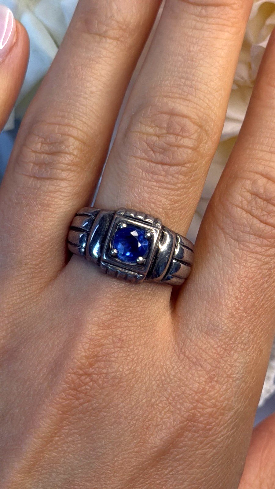 Artisan Modernist Men's 925 Sterling Silver Blue Sapphire Ring Size 10