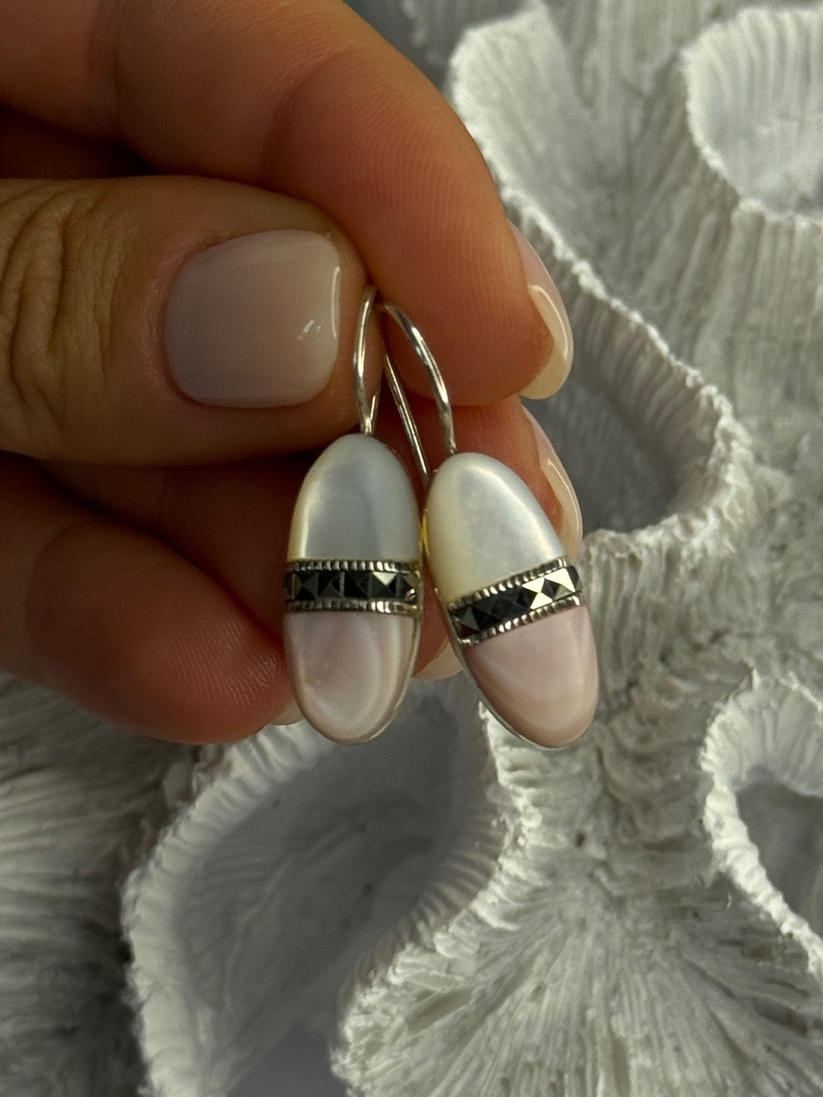 925 Sterling Silver Abalone & Marcasite Earrings Length 1.25 Inch