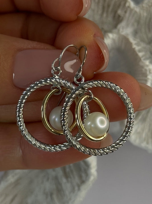 Elegant Design 925 Sterling Silver Gold Plated Part Pearl Earrings Length 1.30