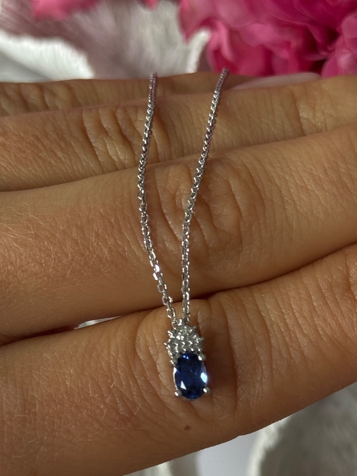 14K White Gold Chain & 10K White Gold Pendant Sapphire & Diamond