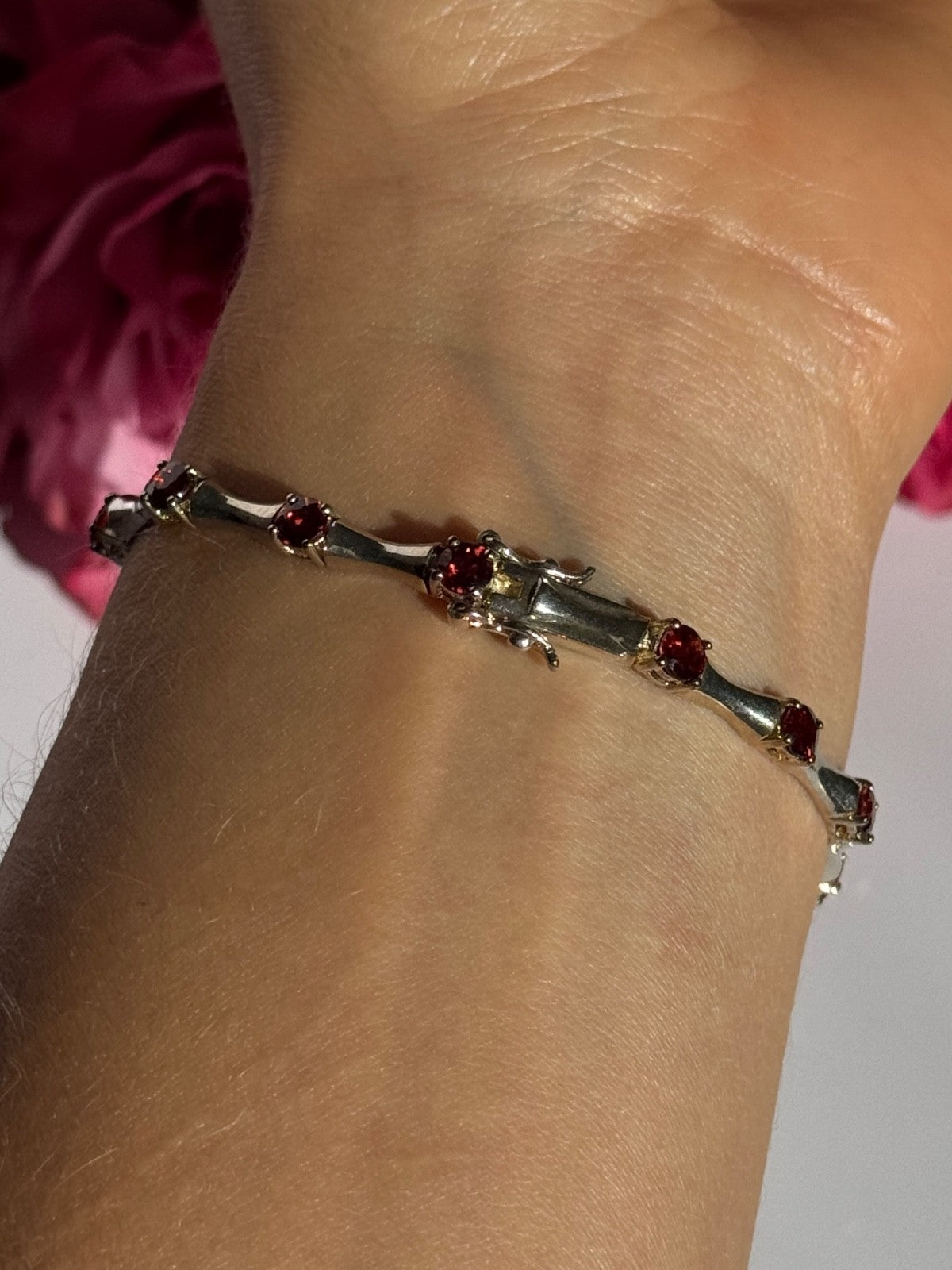 925 Sterling Silver Garnet Bracelet 7 Inch