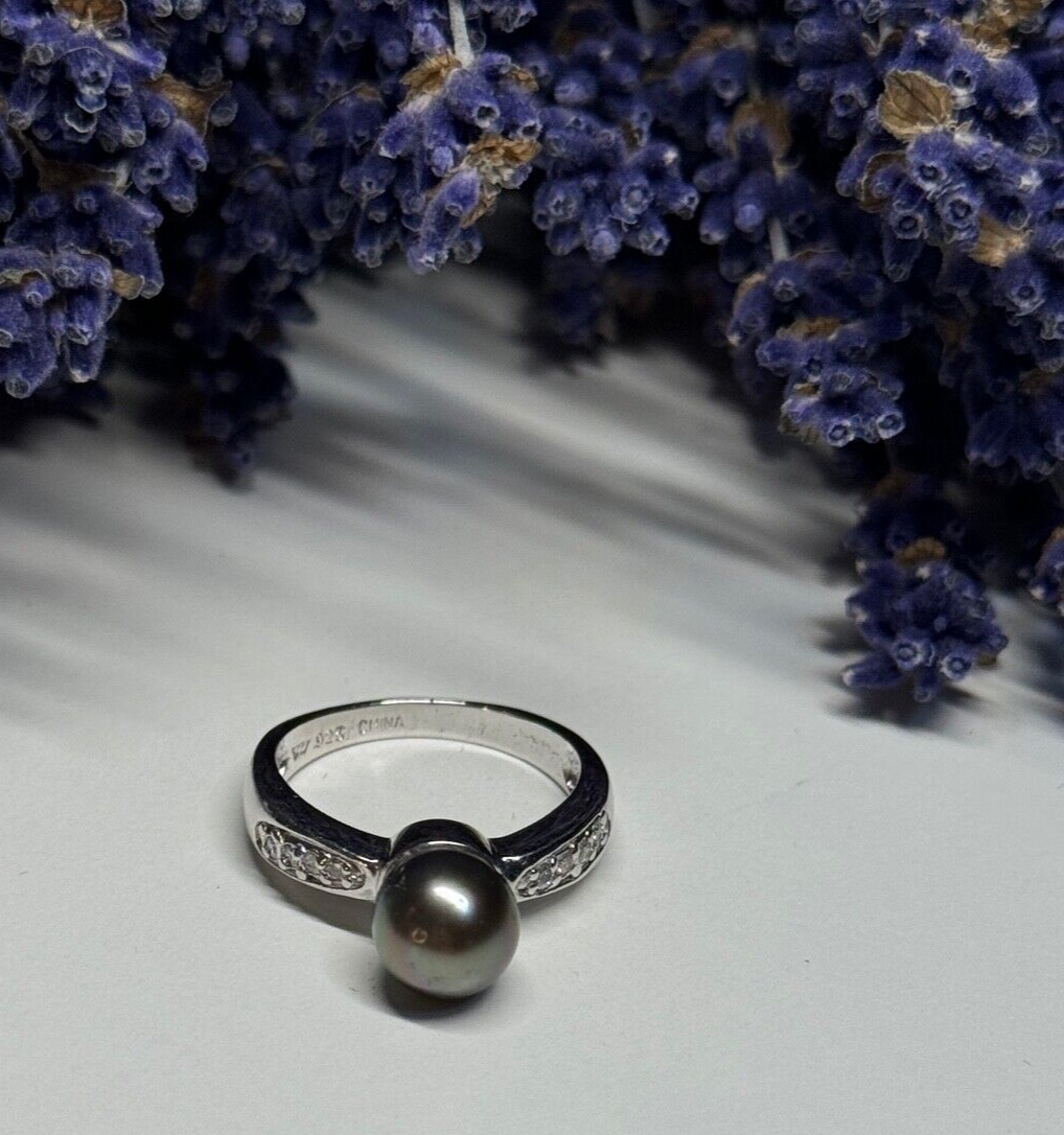 925 Sterling Silver Pearl & Beryl Ring Size 5.5