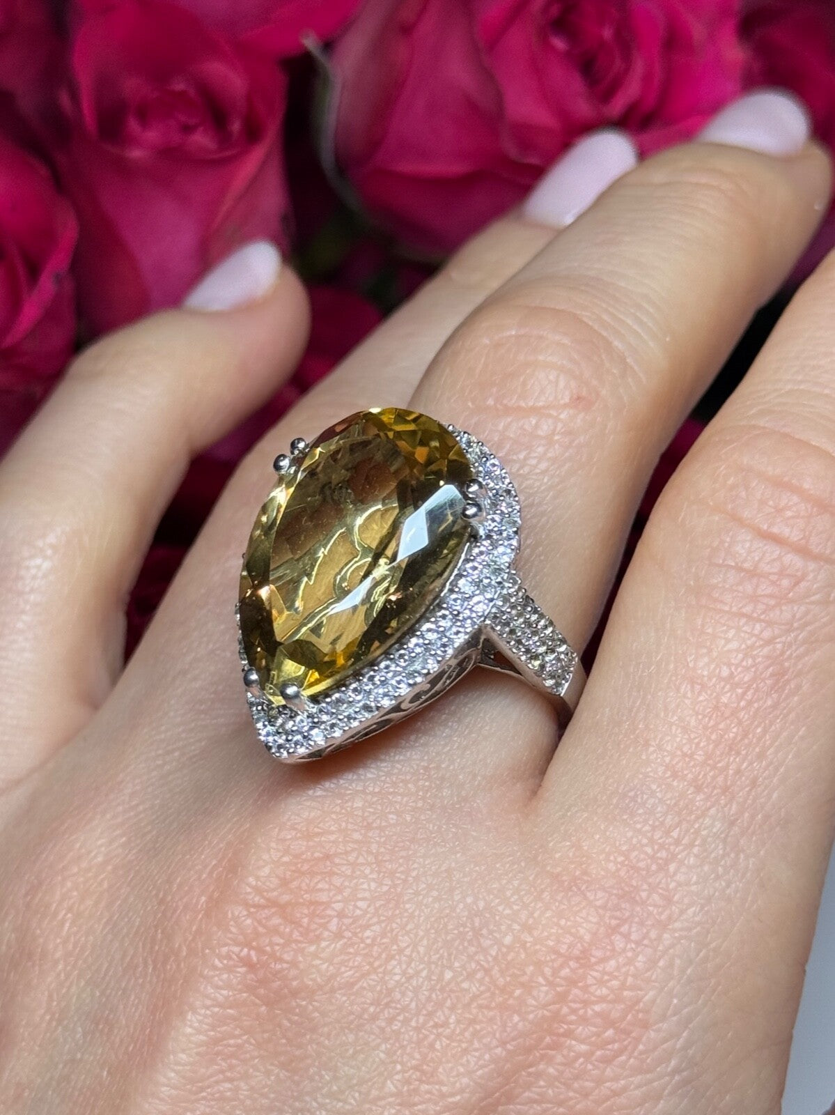 925 Sterling Silver Citrine & Beryl Ring Size 8.5
