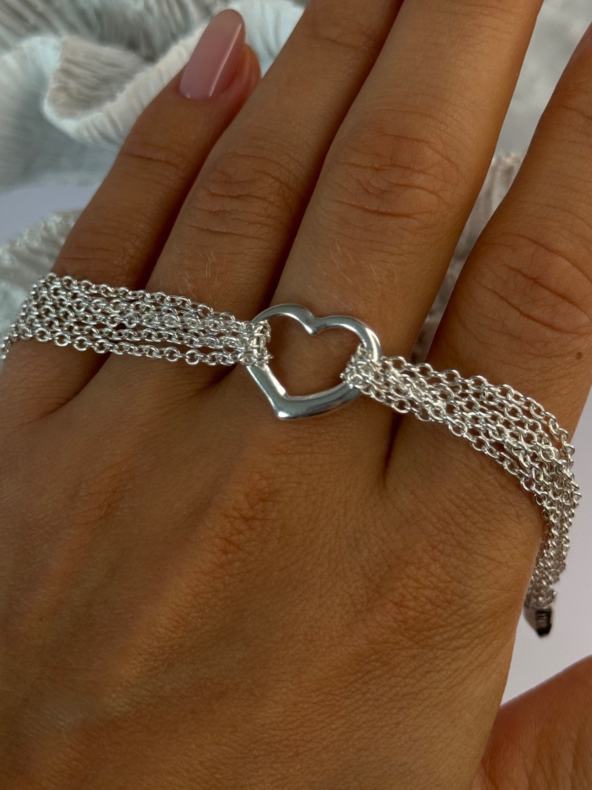 925 Sterling Silver 6 Chain Italy Heart Bracelet Length 7